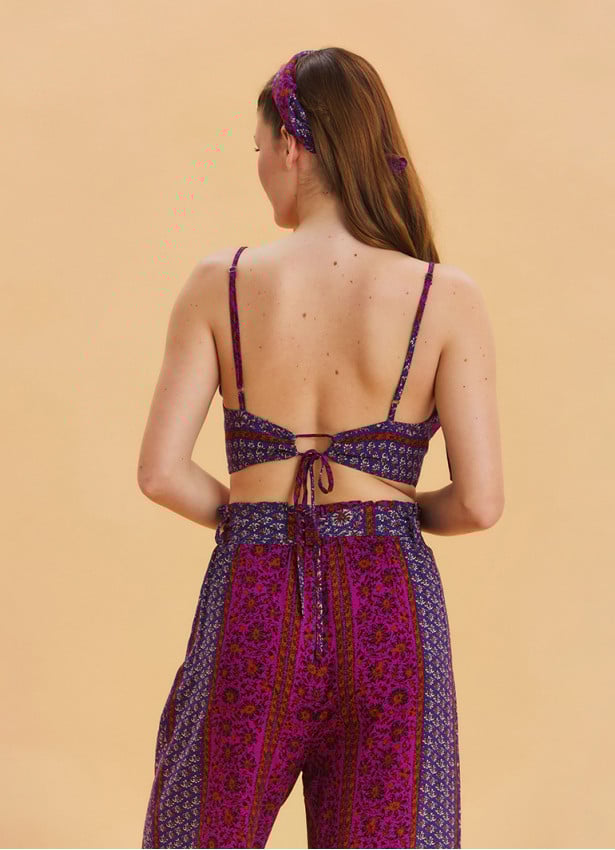 Lace Up Open Back Adjustable Purple Floral Blouse 4648
